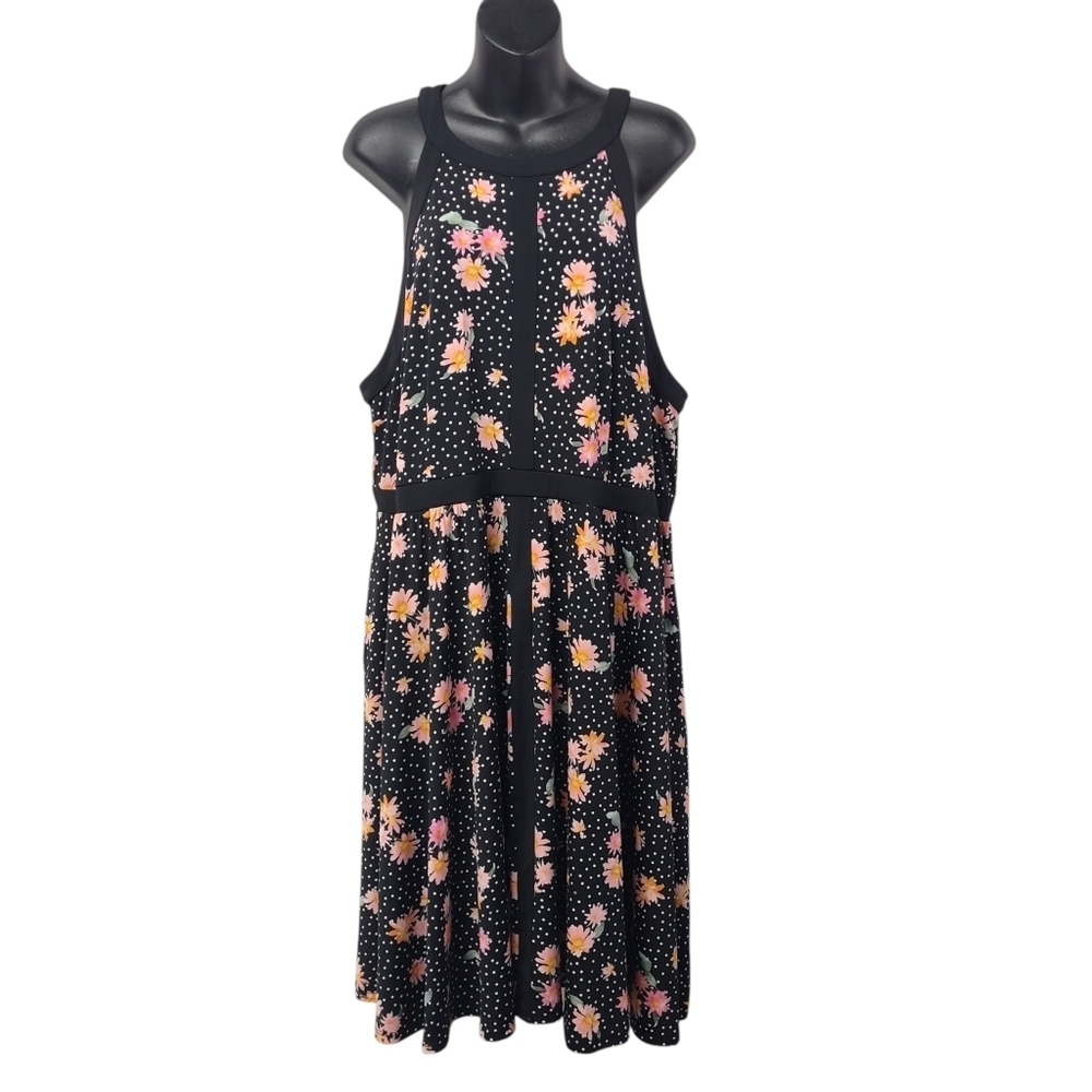 Torrid Size 2 Black Floral Polka Dot Sleeveless Halter Midi Dress Stretch NWT